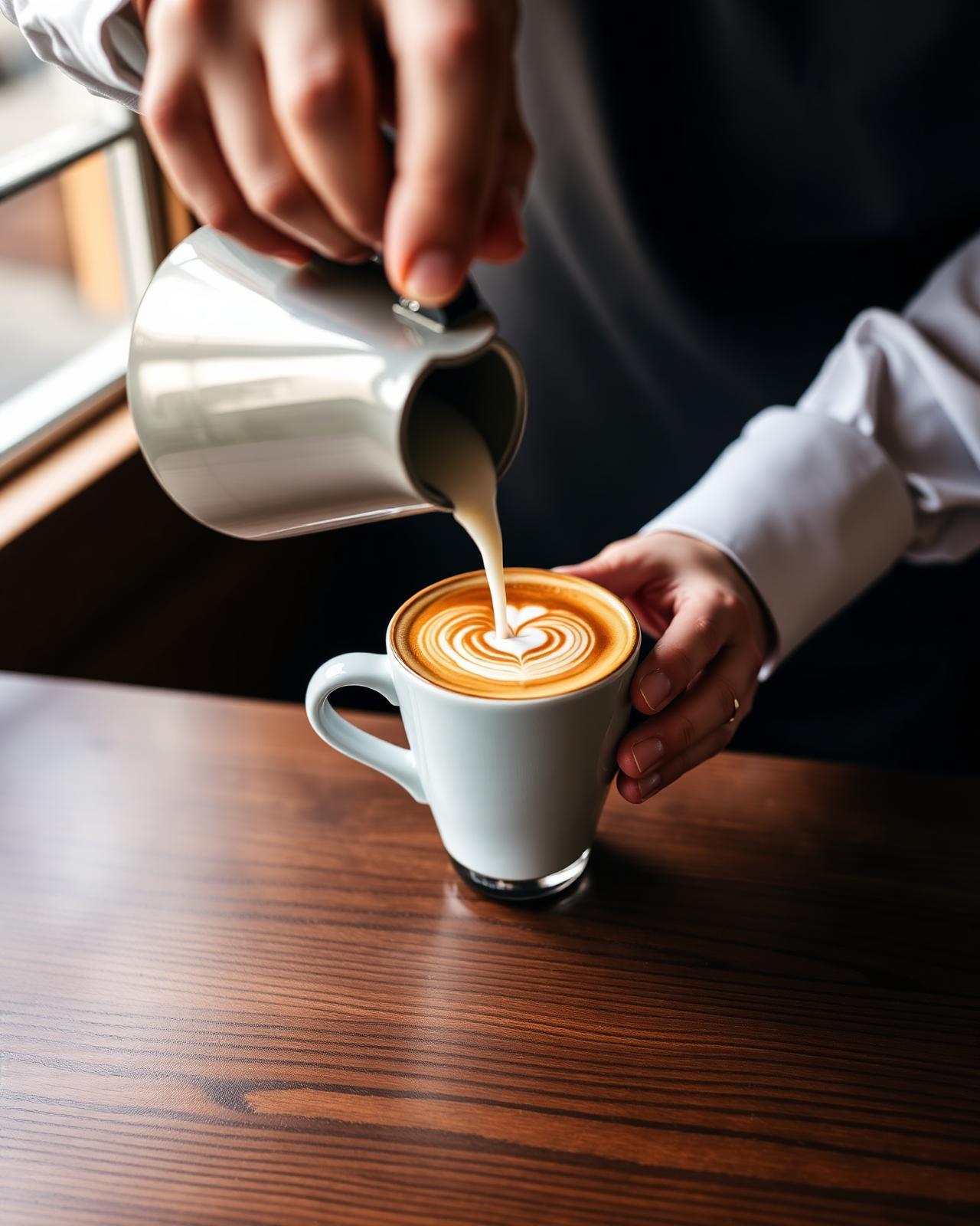 Barista pouring milk to create rosetta latte art