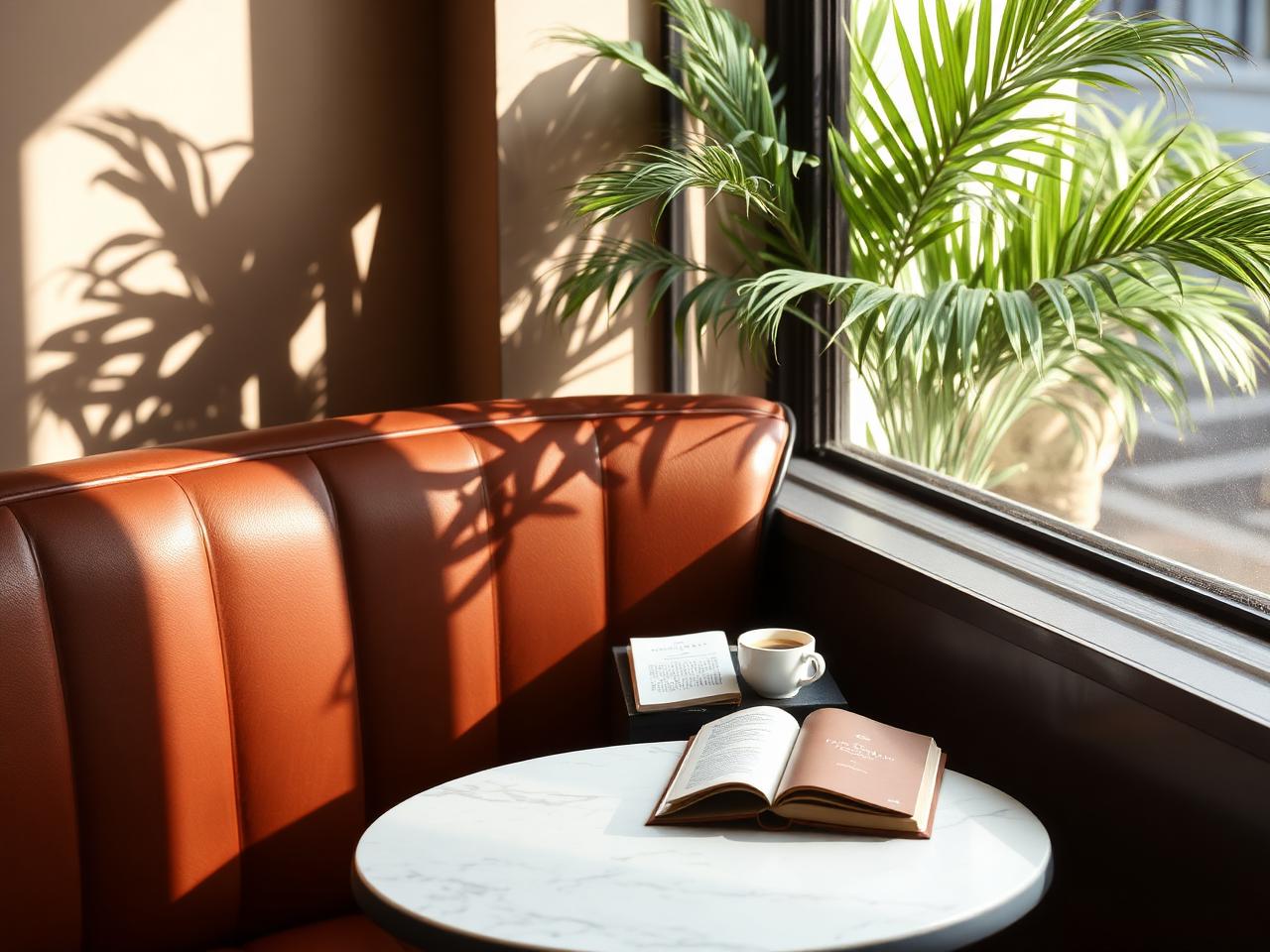 Window banquette with marble bistro table and afternoon light