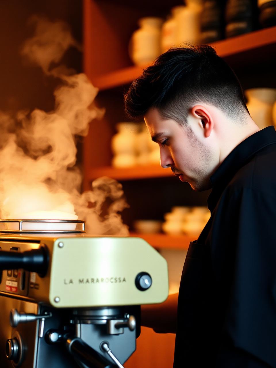 Barista pulling espresso at the brass machine