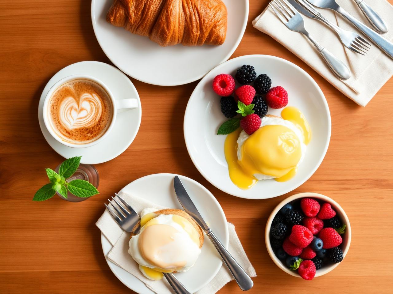 Overhead brunch spread of latte, croissant and eggs benedict