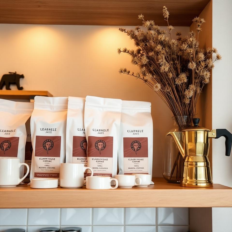 Shelf of single-origin coffee bags and ceramic mugs
